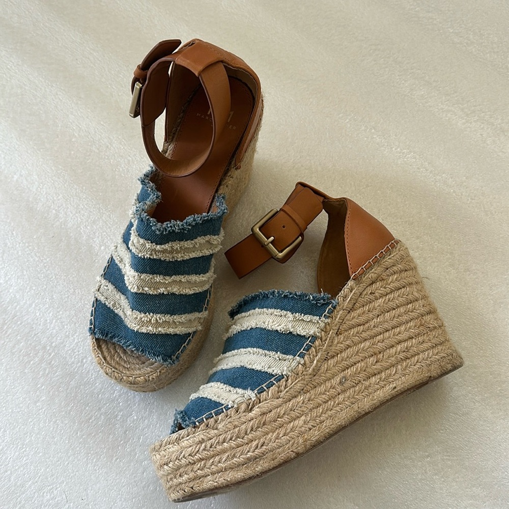 Marc Fisher Espadrille Wedge Sandal. 8 1/2. Blue and cream denim/canvas.